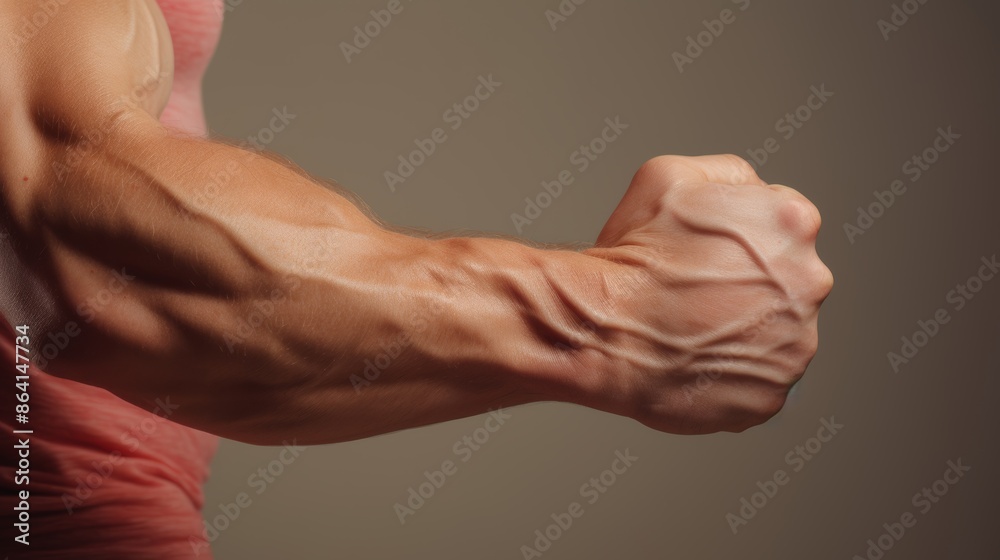 Poster a photorealistic 3d close-up of a biceps muscle inflamed after an intense workout.