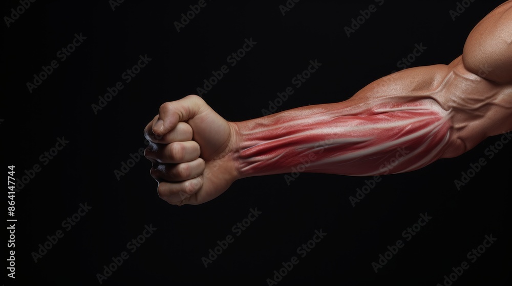 Poster a photorealistic 3d close-up of a biceps muscle inflamed after an intense workout.