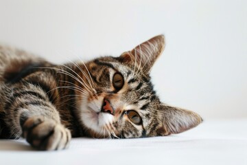 Obraz premium Close-up of a tabby cat lying on a white surface with a relaxed expression, showcasing the beauty of domestic cats in a calm setting.