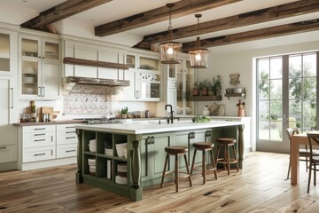 Fototapeta premium Embrace the fusion of modern and rustic styles in a cottage kitchen, featuring an island and stools, harmonized by farmhouse green and white cabinets.