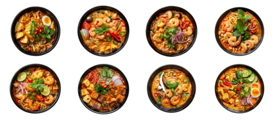 Eight bowls of spicy malaysian laksa noodle soup with shrimp, tofu, and vegetables, cut out - stock png.
