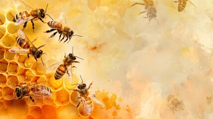 Flying honey bees on an abstract watercolor background. Artistic nature scene that is both serene and vibrant.