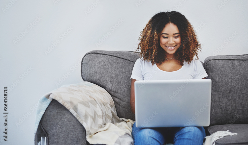 Poster couch, laptop and happy black woman networking for online research, freelance project and smile in h