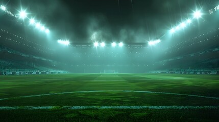 Illuminated Football Stadium at Night with Empty Field