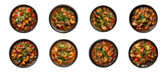 Eight bowls of gumbo with shrimp, chicken, and andouille sausage, cut out - stock png.