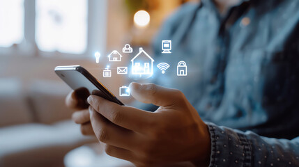 A person holding their smartphone with an AI smart home icon glowing on the screen, representing advanced technology for remote control of various devices at your home