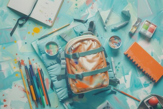 Creative flat lay of art supplies including paint, pens, notebook, and backpack on a vibrant background. Ideal for school or art themes.