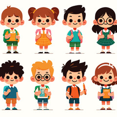 cartoon collection of cute school children