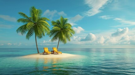 Obraz premium deckchairs under palm trees on a lonely sand island in the middle of the ocean