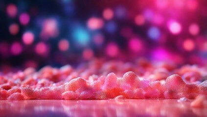Abstract blurred background, trendy color - pink live coral. Blurred beautiful background of shiny light spots, bokeh. Artistic image. Blurred festive bright background for your design.
