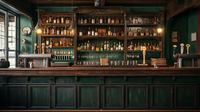 the counter bar in a cosy old english or irish pub with lots of whisky bottles in the background