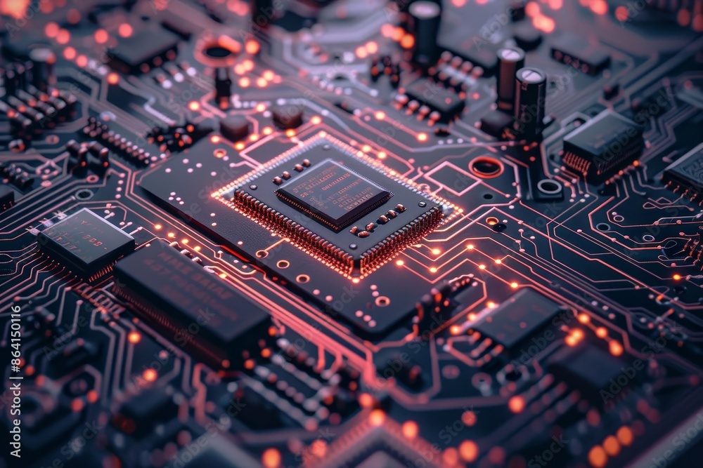 Poster background of printed circuit boards made of different elements. depth of field effect and bokeh can