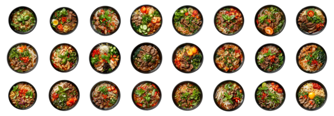 Variety of asian noodle soup bowls with toppings, cut out - stock png.