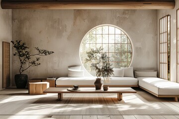 Experience the fusion of Japanese and Scandinavian aesthetics in Japandi minimalism, showcased in a modern living room with an arch window.