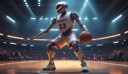 basketball robot player. robot wearing a jersey playing basketball. robot model basketball athlete. pose robot basketball dribble