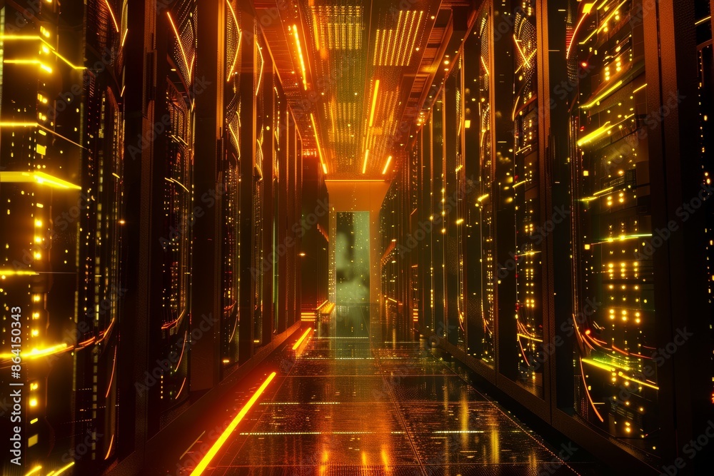 Poster working data center with rack servers and supercomputers with internet connection visualisation