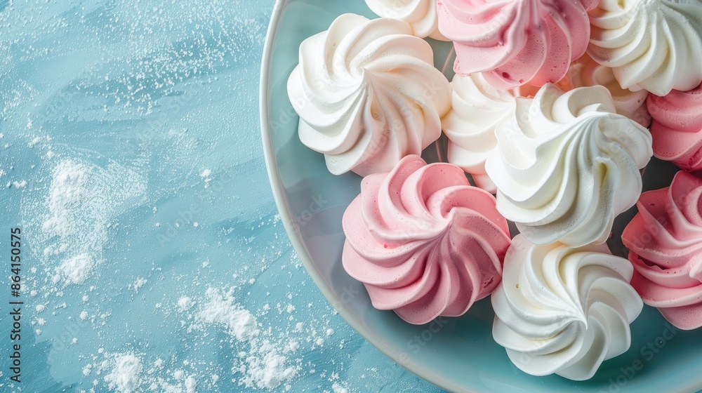 Poster Meringues in pink and white colors arranged in a plate on a blue background