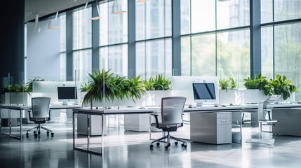 Modern Office Space with Glass Partitions and Greenery