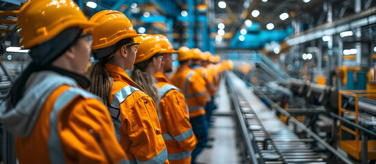 Obraz premium Portrait of a happy warehouse worker in the factory storehouse Group of employees and engineers in industrial plants. Team of workers and engineers in the Factory at production. 