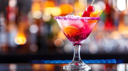 Tasty and colorfully decorated cocktail with fruits and ice in an elegant glass at the bar