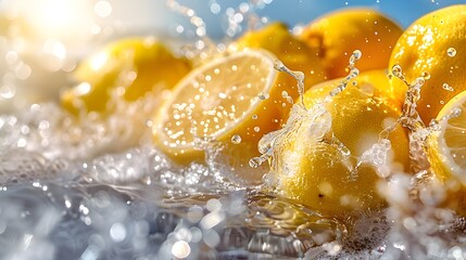 Lemons and water splashing together, creating an atmosphere full of freshness and deliciousness. The background is a blue sky with sunlight shining down.