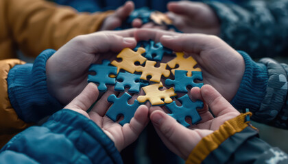 Diverse Group Holding Puzzle Piece Symbols in Unity for World Autism Awareness Day Celebrating Inclusion, Advocacy, and Community Support to Raise Awareness and Make a Difference