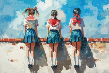 Fototapeta premium Three girls in school uniforms standing against a wall, looking towards the sky, painted in vibrant colors.