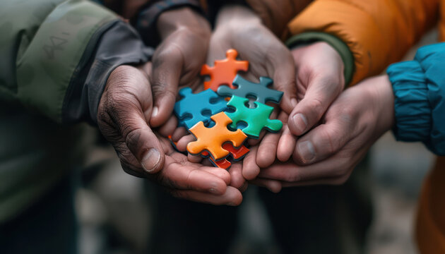 Diverse Group Holding Puzzle Piece Symbols Celebrating Unity and Support on World Autism Awareness Day Inspiring Inclusion and Understanding Through Community Actions and Shared Goals