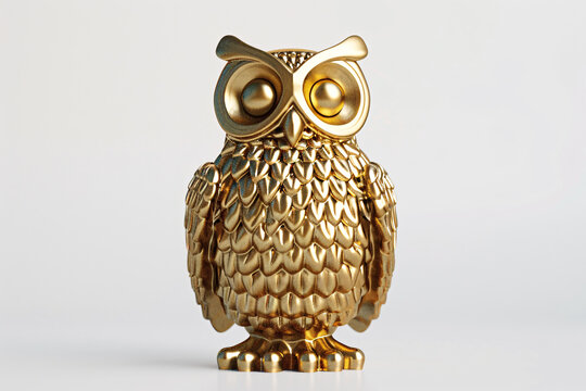 A Gold Owl Statue On A White Surface