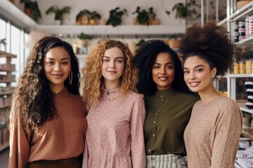 Four young women standing together in a stylish, well-lit indoor setting. defocus. Diverse beauty, young women, stylish setting, modern interior, confidence, elegance