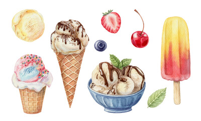 Set of Ice Cream waffle cone and cup with toppings, bowl of vanilla Ice-Cream scoops, fruit ice popsicle and berries watercolor hand painted food illustration. Yellow, Pink and blue colorful Sundae.