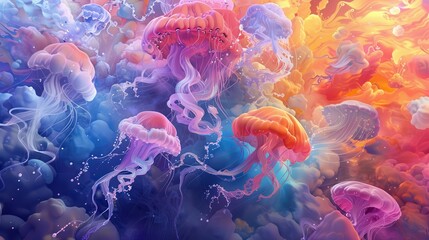 Vibrant underwater scene with colorful jellyfish swimming gracefully amidst a sea of radiant colors, creating a dreamy aquatic atmosphere.