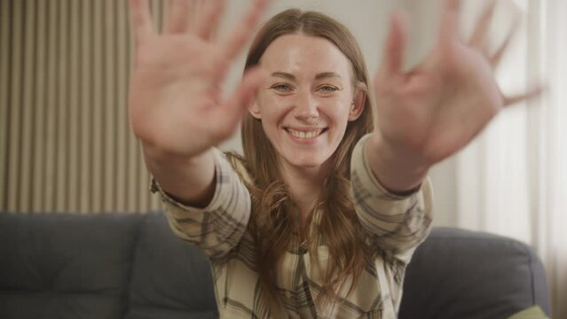 Woman Waving Hand in Greeting Gesture, Female Talking Emotionally on Video Call