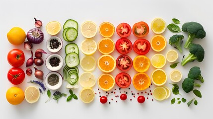 A flat lay of colorful fruits and vegetables arranged neatly on a white background, including tomatoes, bell peppers, oranges, broccoli, garlic, onion, lemon slices.