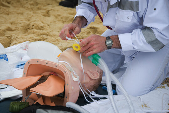 Rescue simulation with ambulance and firefighters on the coasts of southwest France.