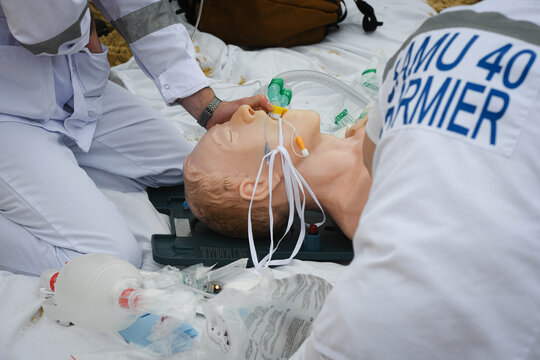 Rescue simulation with ambulance and firefighters on the coasts of southwest France.