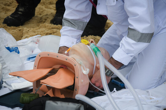Rescue simulation with ambulance and firefighters on the coasts of southwest France.