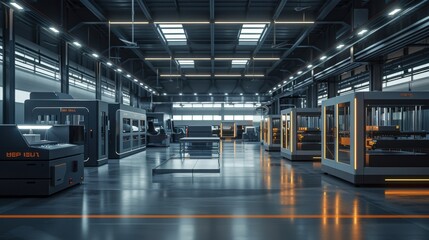 An industrial 3D printing factory showcasing sleek equipment and modern design, creating an efficient and futuristic production environment. Ideal for tech-focused visuals.