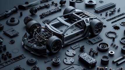 Detailed 3D printed car parts showcased in a sleek, minimalistic setting, emphasizing modern automotive engineering. Ideal for high-tech vehicle components visuals.