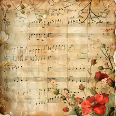 Vintage music sheet background, sepia tones, with floral decorations and copy space