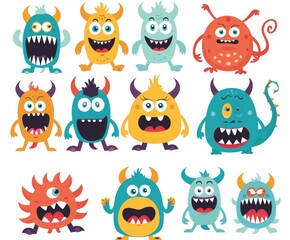 A set of cartoon kawaii funny boo characters. Cute face with teeth, horns, eyes, and hands. Childish baby collection. White background. Flat design.