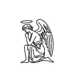 Kneeling angel with wings line art vector illustration