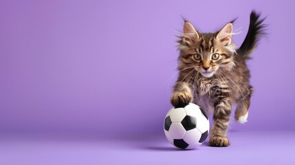 Cute kitten playing with soccer ball on purple background