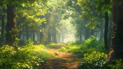 Fototapeta premium A peaceful forest with tall trees and sunlight filtering through the leaves, creating an enchanting path that leads to a hidden clearing wildlife is visible in their natural habitat.