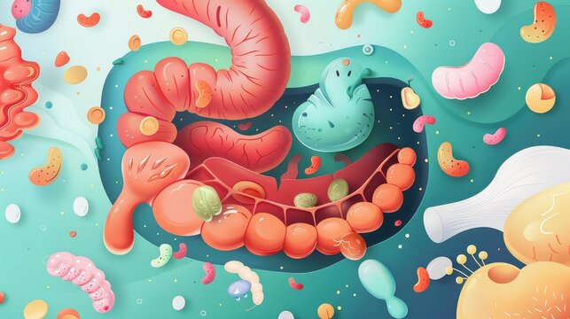 Illustration of the human digestive system with food particles, enzymes and gut flora.