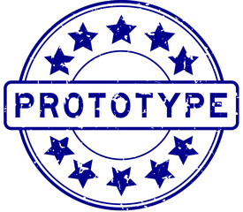 Grunge blue prototype word with star icon round rubber seal stamp on white background