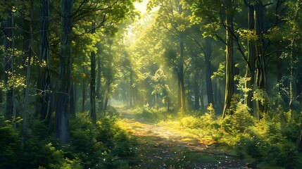 Obraz premium A peaceful forest with tall trees and sunlight filtering through the leaves, creating an enchanting path that leads to a hidden clearing wildlife is visible in their natural habitat.