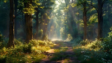 Obraz premium A peaceful forest with tall trees and sunlight filtering through the leaves, creating an enchanting path that leads to a hidden clearing wildlife is visible in their natural habitat.