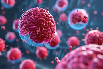 3D render of human brain and cancer cells on digital background, in the style of medical concept.
