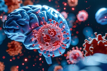 3D render of human brain and cancer cells on digital background, in the style of medical concept.